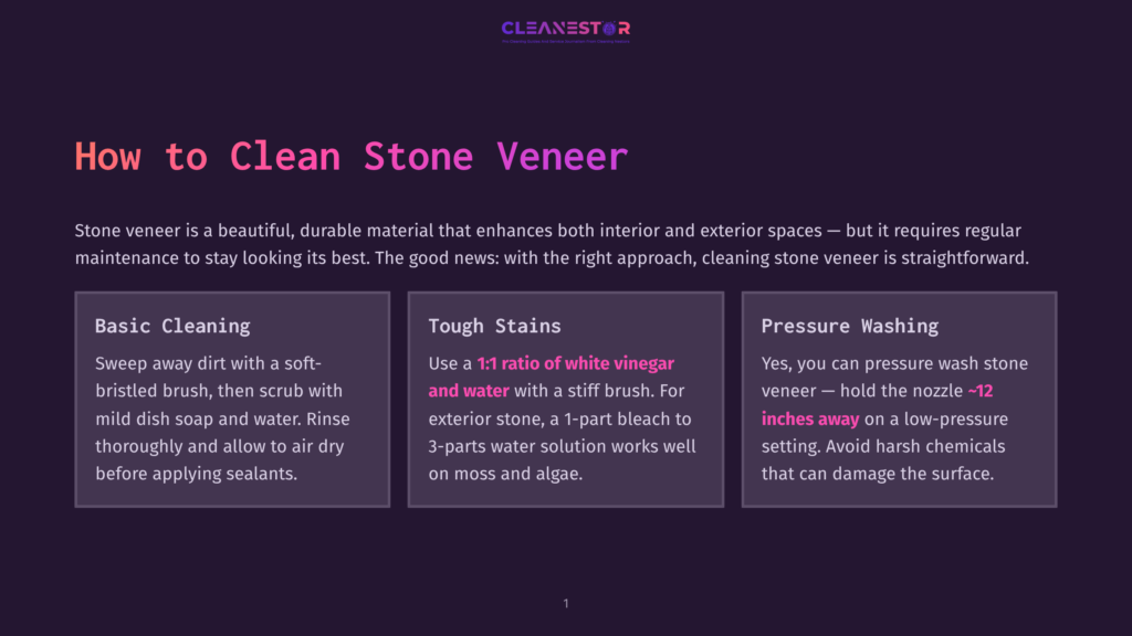 Title Slide For &Quot;How To Clean Stone Veneer&Quot; Blog Post, Featuring Text Sections On Basic Cleaning, Tough Stains, And Pressure Washing Stone Veneer.