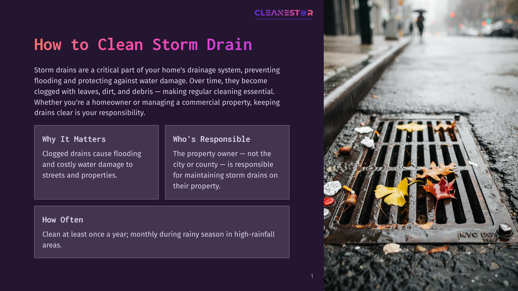 Close-Up Of A Storm Drain Grate On A Wet Street, With Colorful Autumn Leaves Caught In The Grate. Rain Streaks Down The Metal, And The Words &Quot;Cleanestor&Quot; Are Visible On The Accompanying Presentation Slide.