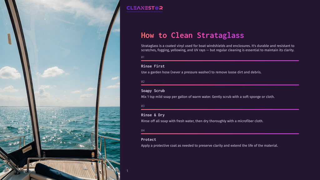 View From Inside A Boat Looking Out Through A Clear Strataglass Enclosure At A Calm, Blue Ocean Under A Bright Sky. The Text &Quot;Cleanestor&Quot; Is Visible On The Enclosure.