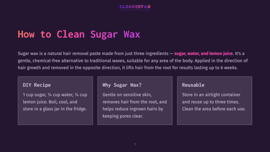 Cleanestor Logo With Purple And Pink Gradient Text. Title &Quot;How To Clean Sugar Wax&Quot; In Large White Text. Below, Text Describes Sugar Wax As A Natural Hair Removal Paste Made From Sugar, Water, And Lemon Juice.
