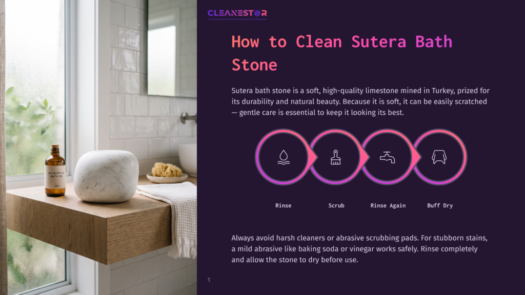A Smooth, White Sutera Bath Stone Sits On A Wooden Shelf Next To A Bottle Of Eucalyptus Bath Oil And A White Towel. The Image Is Part Of A Guide On How To Clean Sutera Bath Stone.