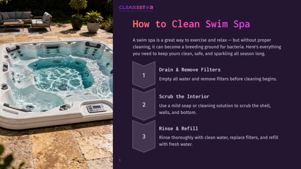 Cleanestor Logo And Text On A Dark Purple Background With A Three-Step Guide For Cleaning A Swim Spa: 1. Drain &Amp; Remove Filters, 2. Scrub The Interior, 3. Rinse &Amp; Refill. A Swim Spa Is Featured In The Background.