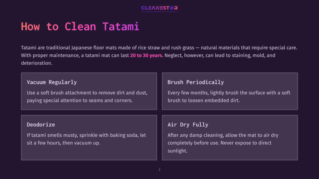 Infographic Titled &Quot;How To Clean Tatami&Quot; With Four Sections: Vacuum Regularly, Brush Periodically, Deodorize, And Air Dry Fully. The Text Provides Care Instructions For Traditional Japanese Tatami Mats.