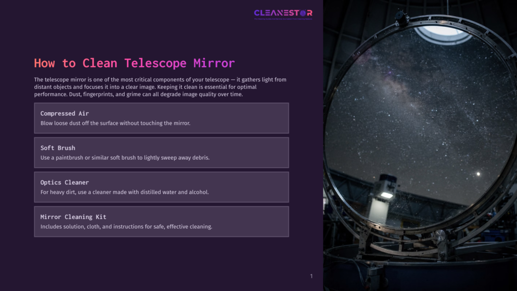 1 How To Clean Telescope Mirror Close-Up Of A Large, Circular Telescope Mirror Reflecting The Milky Way Galaxy, With Text Overlay On The Left About Cleaning Telescope Mirrors And Optics.