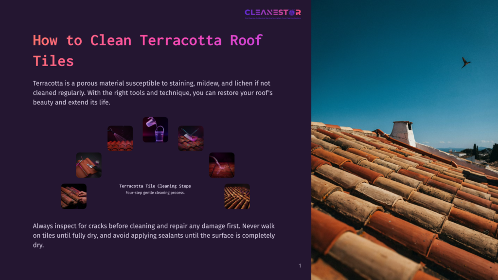 1 How To Clean Terracotta Roof Tiles Terracotta Roof Tiles, Weathered And Warm-Toned, Stretch Across The Foreground Under A Bright Blue Sky With A Bird In Flight. The Image Is Part Of A &Quot;How To Clean Terracotta Roof Tiles&Quot; Guide, Featuring Text About Cleaning Terracotta.