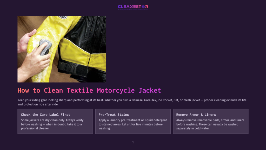 Close-Up Of A Hand Cleaning A Yellow And Black Motorcycle Jacket Sleeve With A Brush. Text Overlay: &Quot;How To Clean Textile Motorcycle Jacket.