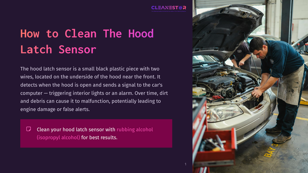 Mechanic Cleaning A Car'S Hood Latch Sensor With Isopropyl Alcohol, A Critical Component For Car Alarms And Interior Lights.