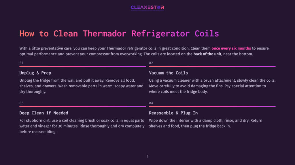 1 How To Clean Thermador Refrigerator Coils Cleanestor Logo With Text: &Quot;How To Clean Thermador Refrigerator Coils&Quot; And Step-By-Step Instructions For Cleaning Refrigerator Coils.