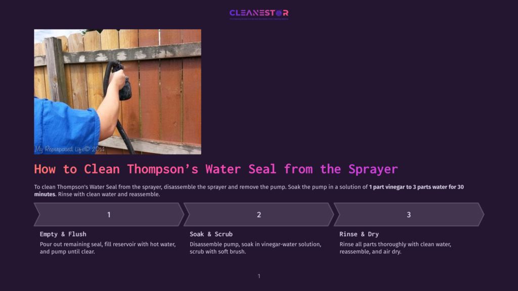 A Person In A Blue Shirt Uses A Pressure Washer To Clean A Wooden Fence. The Image Includes The Text &Quot;How To Clean Thompson'S Water Seal From The Sprayer&Quot; And Numbered Steps: 1. Empty &Amp; Flush, 2. Soak &Amp; Scrub, 3. Rinse &Amp; Dry.