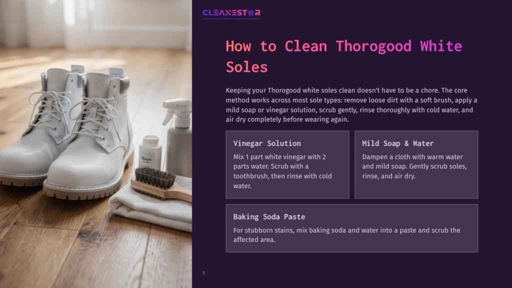 White Thorogood Boots Sit On A Wooden Floor Next To Cleaning Supplies: A Spray Bottle, A Small Jar, And A Brush. The Text &Quot;Cleanestor&Quot; Is Visible.