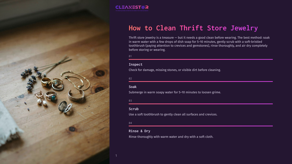 Close-Up Of Antique Rings And Necklaces On A Wooden Surface, With Dried Lavender Sprigs. Text Overlay: &Quot;Cleanestor: Your Cleaning Solution For Smarter Homes, Healthier Lives, Cleaner Living.