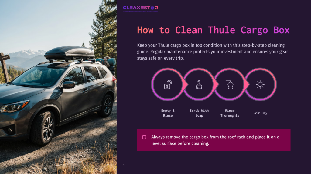 A Dark Gray Suv With A Thule Cargo Box On Top Is Parked On A Gravel Road With A Scenic Mountain View In The Background. Text Overlay Reads &Quot;How To Clean Thule Cargo Box&Quot; And Outlines Cleaning Steps.