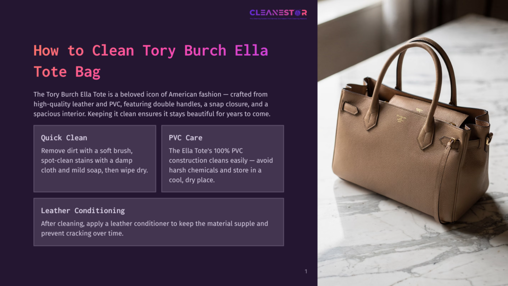 A Tan Tory Burch Ella Tote Bag With Double Handles And A Snap Closure Sits Open On A Marble Surface. The Bag'S Interior Is Visible, And The Cleanestor Logo And Text &Quot;How To Clean Tory Burch Ella Tote Bag&Quot; Are Overlaid On The Left.