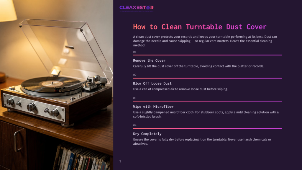 Cleanestor Graphic: How To Clean Turntable Dust Cover, With A Vintage Turntable On A Wooden Shelf.