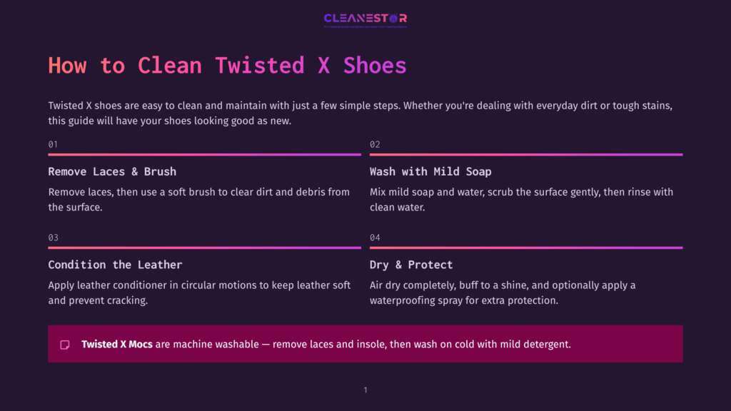 How To Clean Twisted X Shoes: A Step-By-Step Guide With Text And Icons Detailing Removing Laces, Washing With Mild Soap, Conditioning Leather, And Drying/Protecting.