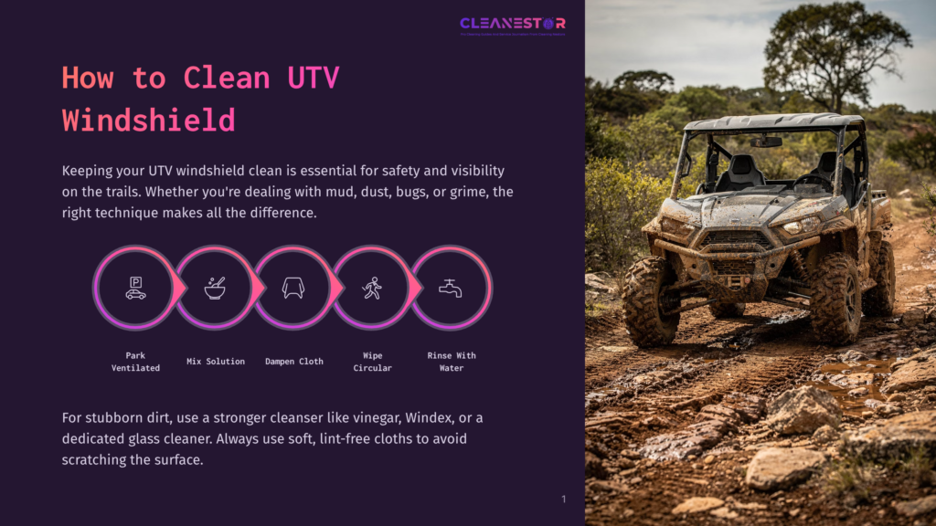 1 How To Clean Utv Windshield A Dirty Utv Sits On A Muddy Trail, With A Graphic Overlay On The Left Detailing How To Clean A Utv Windshield, Including Steps Like &Quot;Park Ventilated,&Quot; &Quot;Mix Solution,&Quot; &Quot;Wipe Circular,&Quot; And &Quot;Rinse With Water.