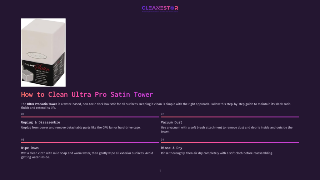 A White Ultra Pro Satin Tower Pc Case Sits On A Dark Surface, With A Label Showing Cleaning Instructions In English.
