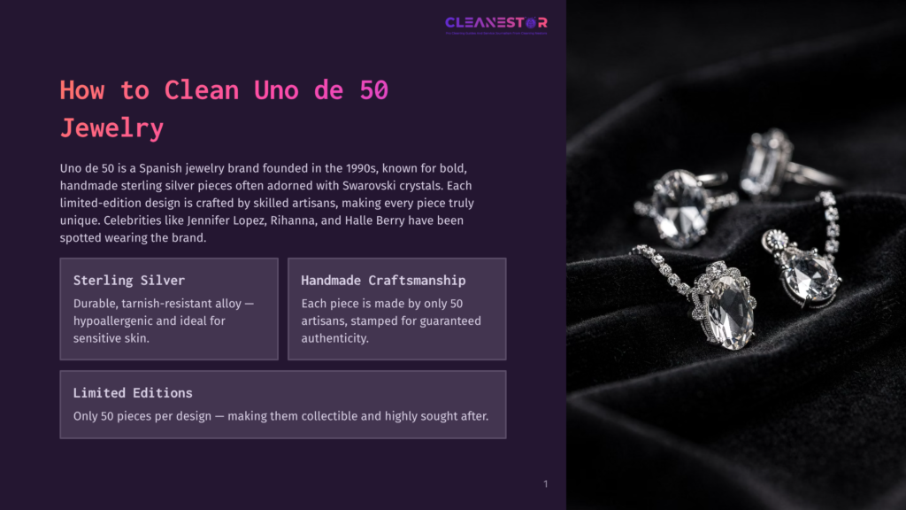 1 How To Clean Uno De 50 Jewelry Close-Up Of Sparkling Handmade Sterling Silver Uno De 50 Jewelry, Including Rings And A Pendant Necklace, Resting On Black Velvet. The Image Highlights The Brand'S Craftsmanship And Luxury.