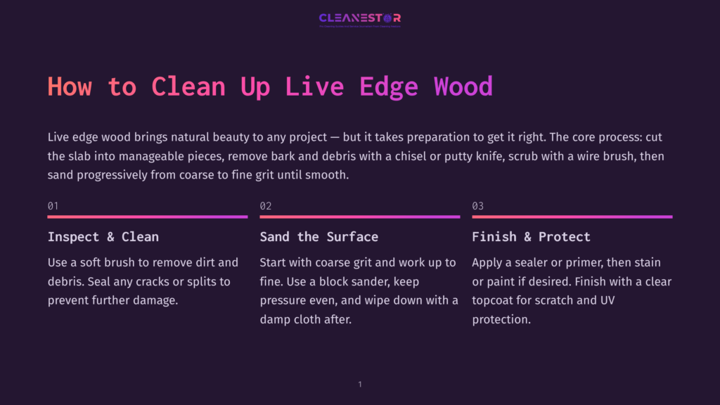 Infographic Detailing How To Clean Live Edge Wood: Step 1, Inspect And Clean; Step 2, Sand The Surface; Step 3, Finish And Protect. Includes Text And Vibrant Gradient Bars.
