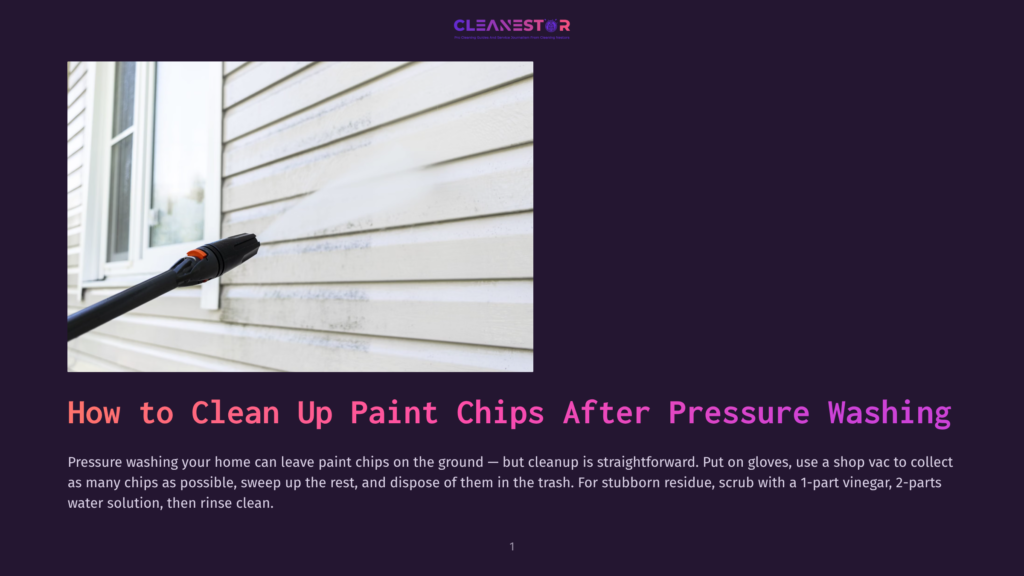 Close-Up Of A Pressure Washer Wand Spraying Water Onto A White Vinyl-Sided House, Cleaning Away Paint Chips And Grime. The Text &Quot;How To Clean Up Paint Chips After Pressure Washing&Quot; Is Visible.