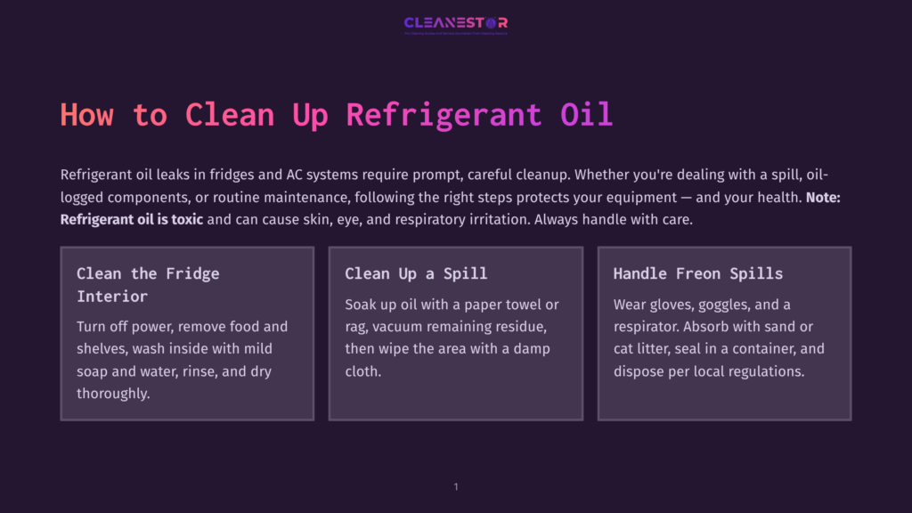 Title Card For &Quot;How To Clean Up Refrigerant Oil&Quot; With Cleanestor Logo. The Dark Background Features A Large Title And Three Sections: &Quot;Clean The Fridge Interior,&Quot; &Quot;Clean Up A Spill,&Quot; And &Quot;Handle Freon Spills,&Quot; With Descriptive Text And Icons.