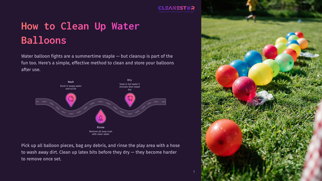 Colorful Water Balloons Litter A Grassy Backyard, With Instructions On Cleaning Up Water Balloons After A Summer Party. The Image Also Shows A Diagram On The Left Detailing The Wash, Rinse, And Dry Steps.