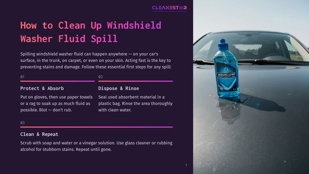 1 How To Clean Up Windshield Washer Fluid Spill A Blue Bottle Of Aquaclear Windshield Washer Fluid With A White Cap Rests On The Wet, Dark Surface Of A Car Hood, Reflecting The Sky And The Vehicle'S Front End.