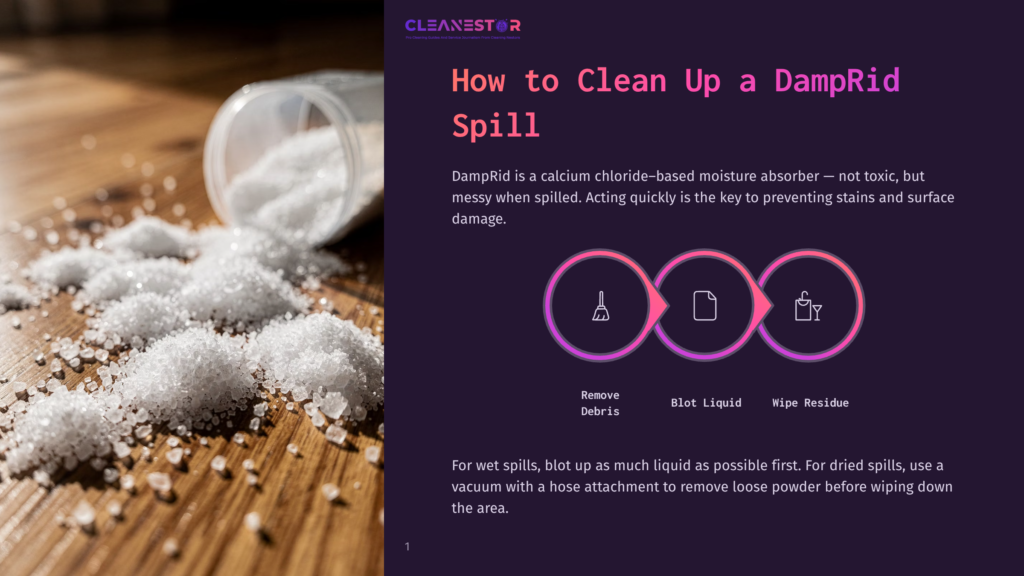 Close-Up Of Damprid Calcium Chloride Crystals Spilled From A Clear Plastic Container Onto A Wooden Surface, With Text Overlay Describing How To Clean Up Damprid Spills.