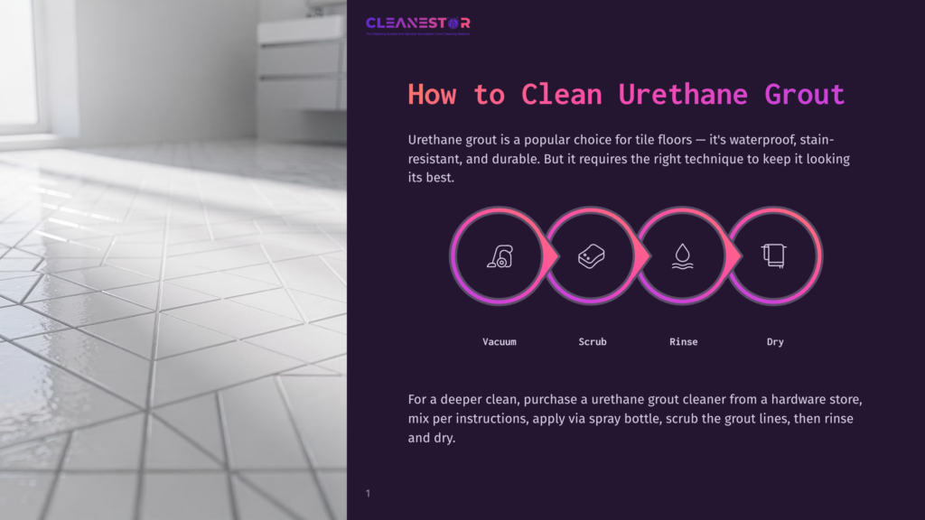 How To Clean Urethane Grout: A Step-By-Step Graphic Showing Vacuuming, Scrubbing, Rinsing, And Drying Urethane Grout On A Tiled Floor.