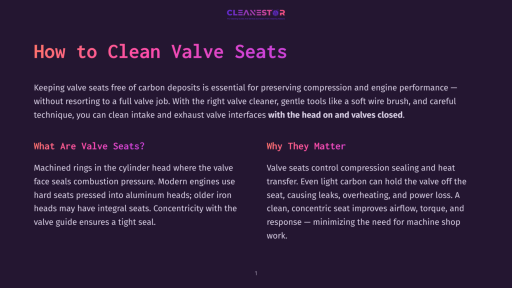 Cleanestor Logo And &Quot;How To Clean Valve Seats&Quot; Title. Text Explains Valve Seat Cleaning Importance For Compression And Engine Performance.
