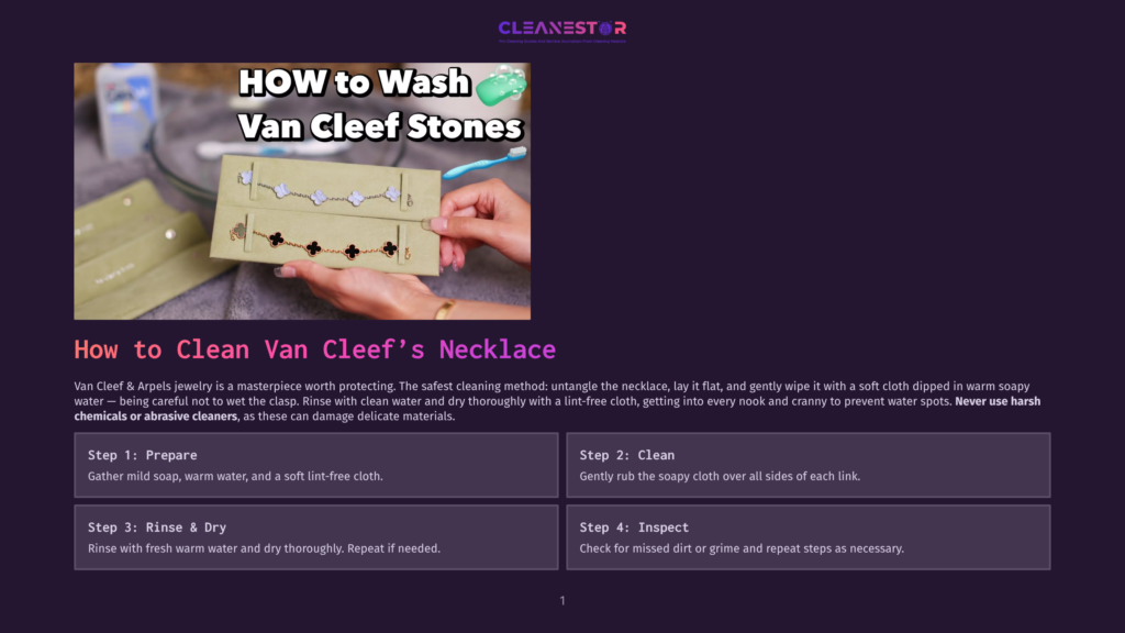 1 How To Clean Van Cleefs Necklace Van Cleef &Amp; Arpels Necklace Being Cleaned With A Soft Cloth And Warm Water, With &Quot;How To Wash Van Cleef Stones&Quot; Text Overlay.