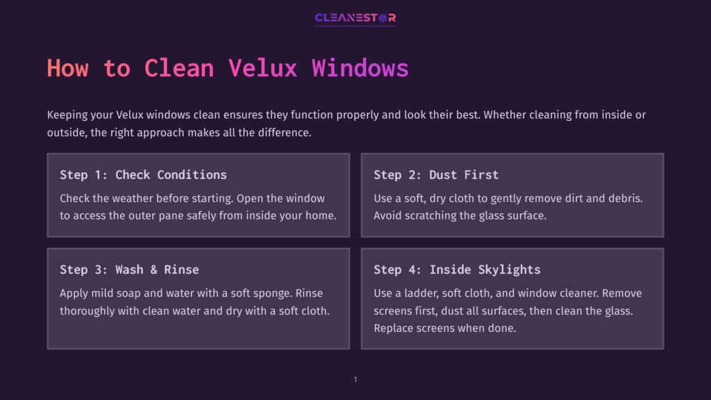 Infographic Titled &Quot;How To Clean Velux Windows&Quot; With Four Steps: Check Conditions, Dust First, Wash &Amp; Rinse, And Inside Skylights. Cleanestor Logo At The Top.