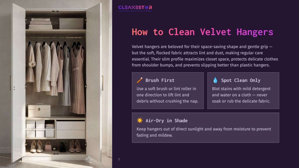 Cleanestor Logo And Text About How To Clean Velvet Hangers, Next To An Open Closet Filled With Clothes On Velvet Hangers.