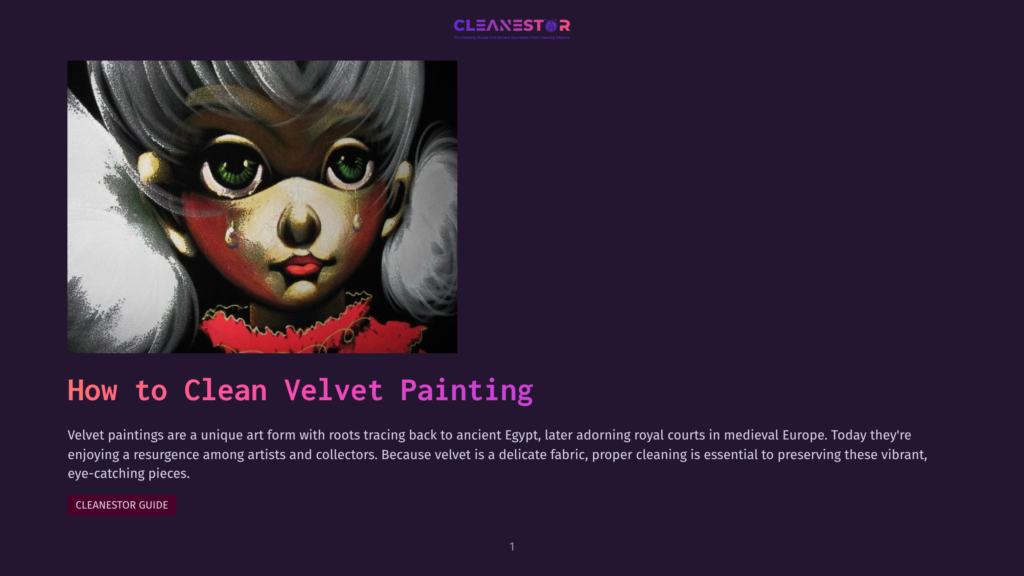 1 How To Clean Velvet Painting Close-Up Of A Vintage Velvet Painting Depicting A Crying Woman With Large, Expressive Green Eyes, White Hair, And A Red Ruffled Collar. The Text &Quot;How To Clean Velvet Painting&Quot; Is Visible Below.