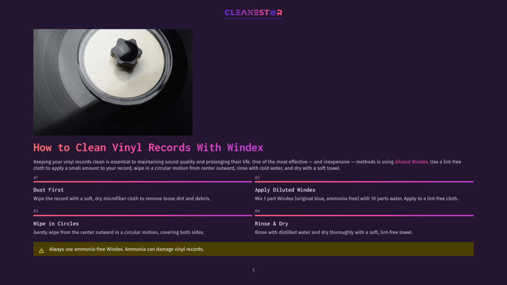 1 How To Clean Vinyl Records With Windex Close-Up Of A Vinyl Record On A Turntable, Showing The Grooves And The Center Label. The Image Is Part Of A Guide On How To Clean Vinyl Records With Windex.