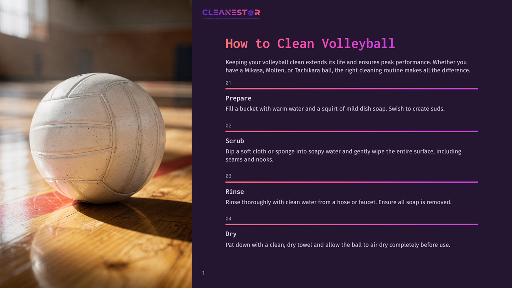 A Volleyball Rests On A Polished Wooden Gymnasium Floor, Bathed In Warm Light. Text On The Right Reads &Quot;Cleanestor How To Clean Volleyball&Quot; And Lists Cleaning Steps.