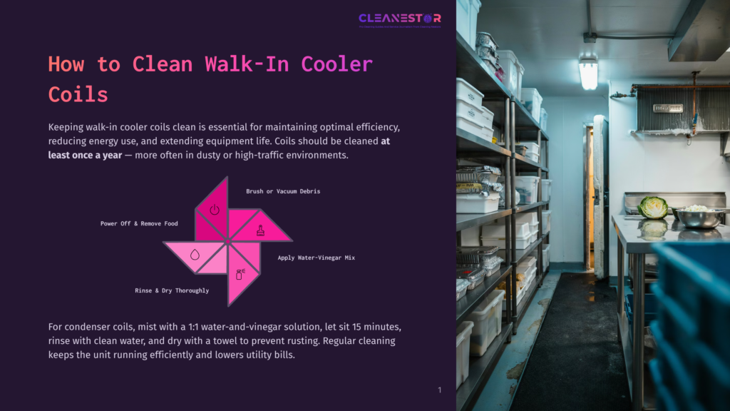 Diagram Showing How To Clean Walk-In Cooler Coils: Power Off, Brush Debris, Apply Water-Vinegar Mix, Rinse, And Dry Thoroughly. Text Includes &Quot;Cleanestor&Quot; And &Quot;How To Clean Walk-In Cooler Coils&Quot;.