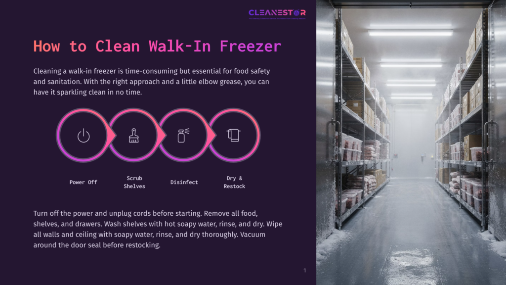 A Walk-In Freezer Interior, Showing Shelves Stocked With Food Items, With A Cleaning Process Infographic Overlayed. The Infographic Illustrates Steps: Power Off, Scrub Shelves, Disinfect, Dry &Amp; Restock.