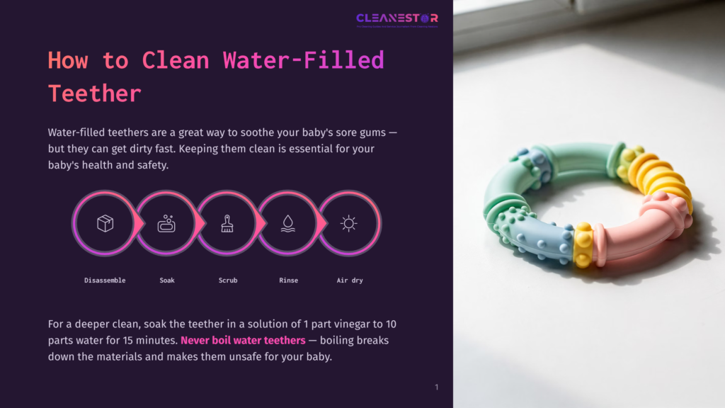 A Colorful, Segmented Water-Filled Teether Toy In Pastel Shades Of Yellow, Pink, Green, And Blue Lies On A Light-Colored, Slightly Textured Surface. The Teether Is A Circular Ring With Raised Bumps And Textured Segments.