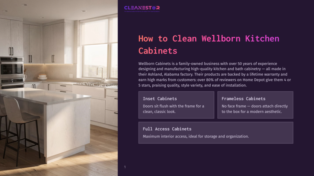 Cleanestor Logo Above A Modern, Light Grey Wellborn Kitchen With Inset Cabinets, White Marble Countertops, And A Large Island.