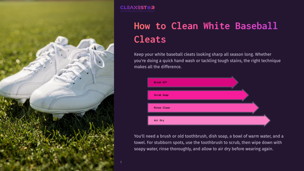 1 How To Clean White Baseball Cleats Close-Up Of Pristine White Baseball Cleats Resting On Vibrant Green Grass, With Text Overlay &Quot;How To Clean White Baseball Cleats.
