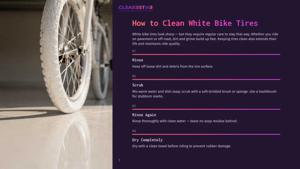 Close-Up Of A Clean White Bicycle Tire On A Light-Colored Floor, With The Text &Quot;Cleanestor How To Clean White Bike Tires&Quot; Visible.
