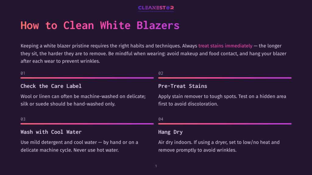 Infographic Titled &Quot;How To Clean White Blazers&Quot; With Steps: Check The Care Label, Pre-Treat Stains, Wash With Cool Water, And Hang Dry. The Background Is Dark Purple With Neon Pink And Purple Accents.
