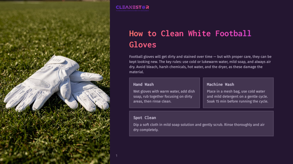 White Football Gloves Lie On A Lush Green Football Field. The Image Is Part Of A Guide On How To Clean White Football Gloves.