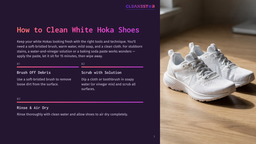 Two Clean White Hoka Running Shoes Sit On A Light Brown Wooden Floor, Ready For Cleaning. The Image Highlights The Shoes' Mesh Design And Bright White Color.