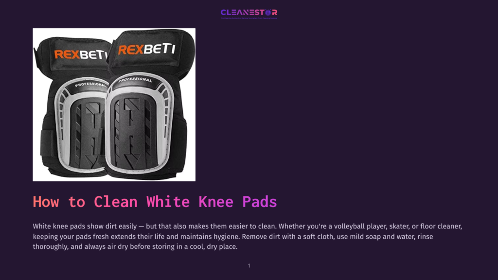 A Pair Of White Rexbeti Professional Knee Pads With Black Padding And Grey Accents Are Displayed On A Dark Purple Background. The Text &Quot;How To Clean White Knee Pads&Quot; Is Overlaid In Large, Vibrant Lettering.