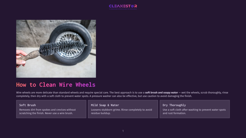 Close-Up Of A Hand Holding A Soft Brush To Clean A Wire Wheel On A Car Tire. The Brush Is Dark Gray And The Wheel Is Silver With Intricate Spokes.