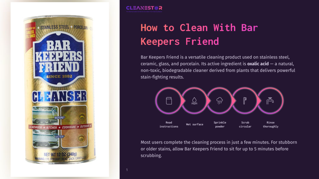 Can Of Bar Keepers Friend Cleanser With &Quot;How To Clean With Bar Keepers Friend&Quot; Text And Cleaning Steps Icons.