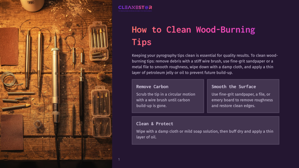 Wood-Burning Tips And Tools Laid Out On A Wooden Workbench, With A Guide To Cleaning And Maintaining Pyrography Equipment.