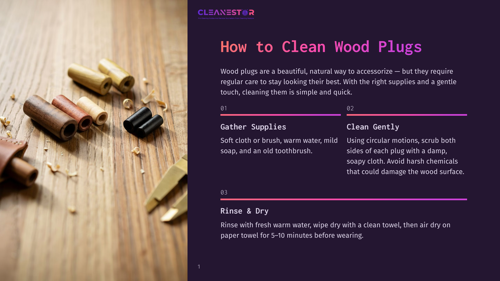 Close-Up Of Various Wooden Plugs Of Different Colors And Wood Types, Some With Visible Grain, Resting On A Rustic Wooden Surface With Scattered Wood Shavings. Text Overlay Reads &Quot;Cleanestor&Quot; And &Quot;How To Clean Wood Plugs&Quot;.